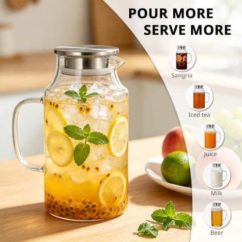 Bivvclaz Short 67.6 oz Glass Pitcher with Lid and Handle, Glass Carafe for Hot/Cold Water, Iced Tea Pitcher for Coffee, Juice and Homemade Beverage