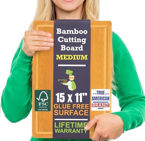 Bamboo Cutting Board – 15 Inch Wood Cutting Boards for Kitchen with Glue-Free Surface™ & Juice Groove – Non-Toxic, FSC-Certified, Durable Wooden Chopping Board - Rectangle