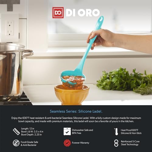 DI ORO Silicone Ladle - Soup & Serving, 600F Heat Resistant, Teal