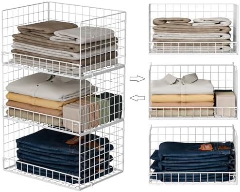 Yociyoga Closet Organizers and Storage Basket- 3-Tier Stackable Storage Bins, Foldable Closet Shelf Organizer Basket, Stackable Clothes Organizers Shelves for Home Organizer System(Patent 30022416)