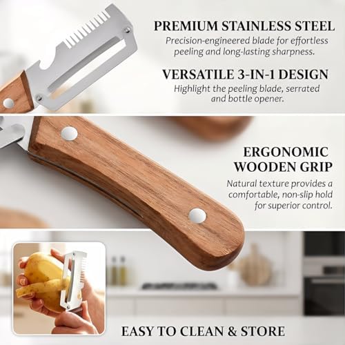 Multi-Functional Vegetable Peeler, 3 in 1 Multi Functional Wooden Handle Peeler and Bottle Opener, Kitchen Gadgets Tool for Fruit Pumpkin Peeling Potato Carrot Veggie Peeler (2-Pack)