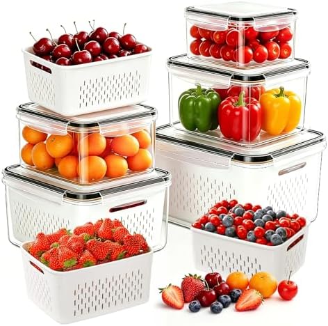 5 Pack Large Fruit Storage Containers for Fridge, Leakproof Produce Containers with Removable Colanders, Dishwasher Safe Fridge Organizers and Storage, Keep Berry, Vegetables Fresh Longer