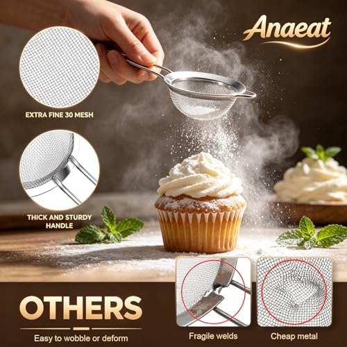Anaeat Fine Mesh Strainers - Premium Stainless Steel Colander Sieve Sifters, with Durable Mesh and Sturdy Handle, Excellent for Sifting Dry ingredients, Flour, Pastas, Rice, Tea (2.8"）
