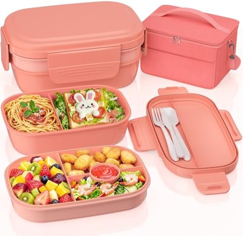 Adults Leak-Proof Bento Lunch Box Set with Lunch Bag for Work, School（Pink）