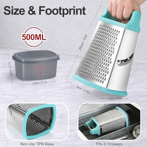 Ourokhome Cheese Grater with Handle, Stainless Steel Box Grater, 4 Side Kitchen Vegetable Shredder Slicer Zester with Container for Parmesan, Cabbage, Ginger, Lemon, Chocolate, Coconut (Teal)