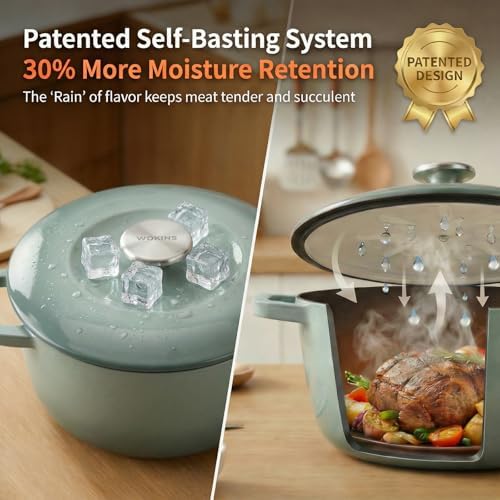 5.5QT Enameled Cast Iron Dutch Oven,Concave Self-Basting Lid,Green