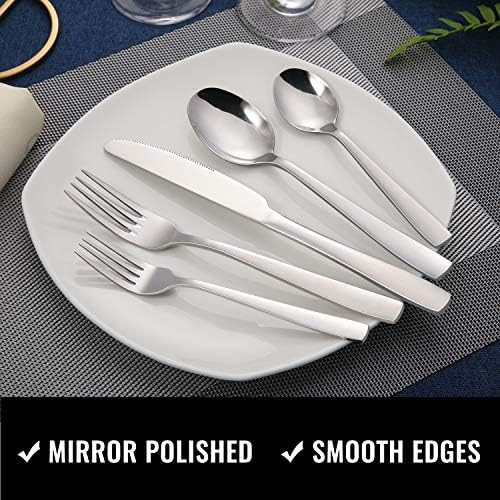 Hiware 24-Piece Silverware Set with Steak Knives, Stainless Steel Flatware Cutlery, Mirror Polished Flatware Serving Utensils Set for 4, Includes Forks Spoons Knives Silverware, Dishwasher Safe