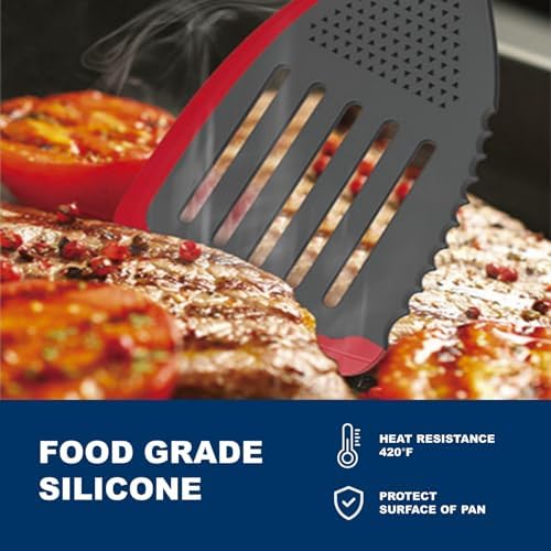 Heat-Resistant Silicone Slotted Turner with Sawtooth Edge, Multi-Purpose Kitchen Spatula for Non-Stick Pans, Cutting/Grinding Garlic, Eggs, Red