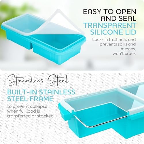 XOMOO Silicone Freezer Tray With Lid-Soup Freezer Container molds-2-cup Extra Large Ice Cube Tray-makes 4 perfect 500ml portions cubes, For freezing soup,stews,sauces.Oven&Dishwasher-Safe(2-Pack)