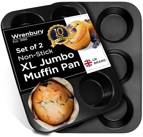 Wrenbury Jumbo Muffin Pan 6 Cup Set of 2 - Nonstick XL Deep Muffin Pan for Baking 3.75" Cup - Big Cup Tin - Oversized Extra Large Cupcake Mold - PTFE Free