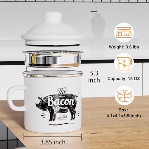Bacon Grease Container with Strainer-15OZ Enamel Saver, Dishwasher Safe