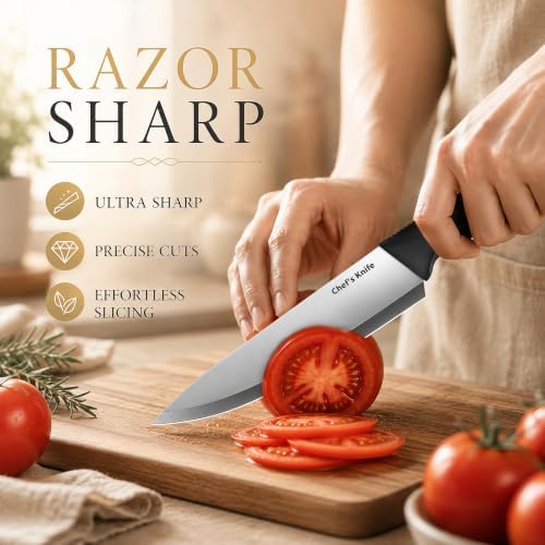 14 Pieces Kitchen Knife Set with Block, German Stainless Steel, BlackSilver