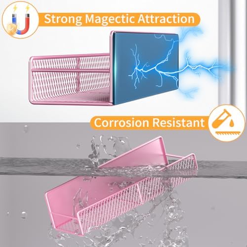 Magnetic Spice Rack for Refrigerator, 2 Pack Metal Magnetic Shelf Pink, Moveable Spice Organizer with Hooks, Super Magnetic Fridge Shelf for Kitchen Organization and Storage