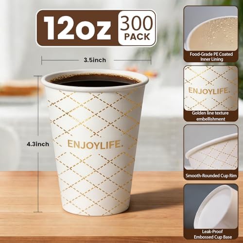 MOUMOULIFE Disposable Paper Coffee Cups 12 oz 300 Count, Leak-Proof Gold Gilded Elegant Paper Cups for Hot/Cold Drinks, Ideal for Bulk Wedding, Large Party, Catering, Events