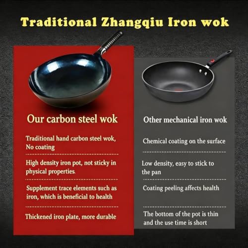 14-Inch Carbon Steel Wok, Round Bottom Traditional Chinese Wok with Rubber Handle and Wooden Lid, Uncoated Non-Stick Wok for Gas Stoves, Home Cooking, Camping, and as a Gift