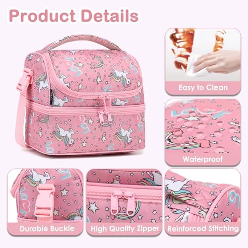 FlowFly Double Decker Cooler Insulated Lunch Bag Large Tote for Boys, Girls, Men, Women, With Adjustable Strap (Red-Unicorn)