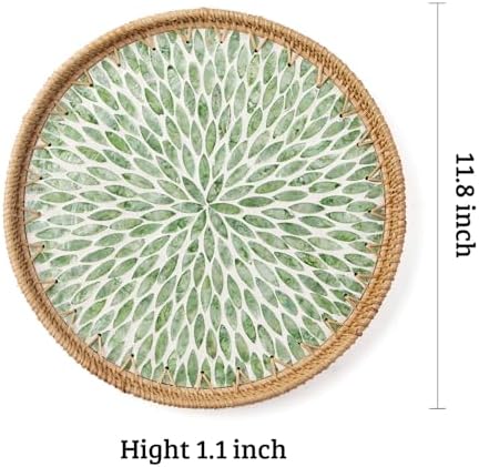 Round Rattan Tray with Mother of Pearl Inlay, Wooden Base