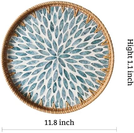Round Rattan Tray with Mother of Pearl Inlay, Wooden Base