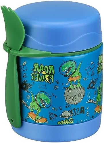 Howeemo 10oz Soup Thermo for Hot Food Kids, Leak Proof Stainless Steel Wide Mouth Lunch Food Jar with Spoon, Dinosaur Blue