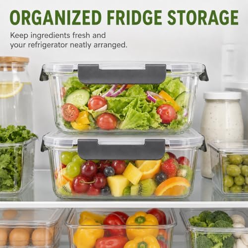 2 Pack Large Glass Food Storage Containers with Lids 85oz/10.5cup Big Airtight Storage Containers for Rotisserie Chicken Meal Prep Leftovers, BPA Free & Leak Proof, Microwave, Oven Safe (gray)