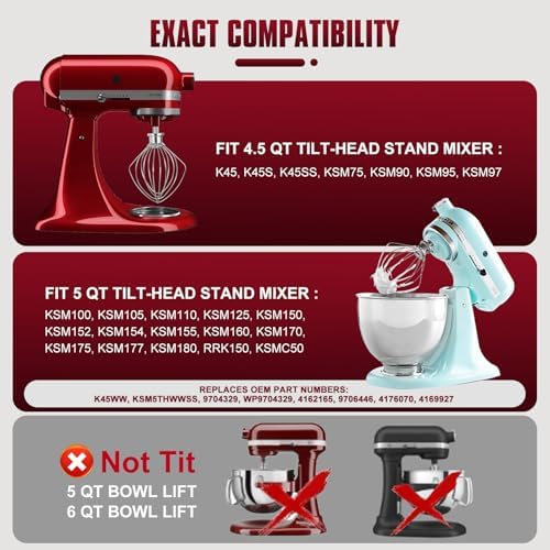Whole Stainless Steel K45WW Whisk Attachment for KitchenAid 4.5-5 Tilt-Head Mixer, Dishwasher Safe Wire Whip for Kitchen Aid