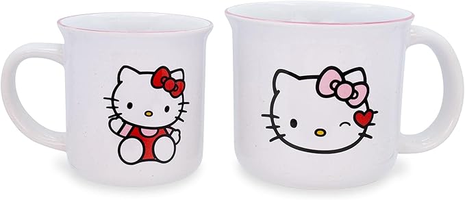Toynk Sanrio Hello Kitty Ceramic Camper Mugs, Set of 2 | BPA-Free Travel Coffee Cup For Espresso, Caffeine, Cocoa, Drink Beverages | Home & Kitchen Essentials | Kawaii Cute Gifts and Collectibles