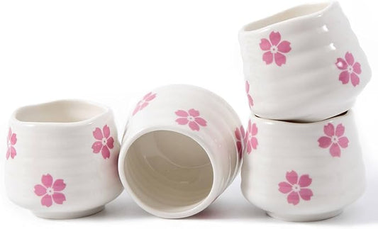 4pcs Japanese Tea Cup Set – 160ml 5.4OZ Ceramic Matcha Cup, Small Handless Espresso Cups, Cute Coffee Mugs for Valentine (Sakura)
