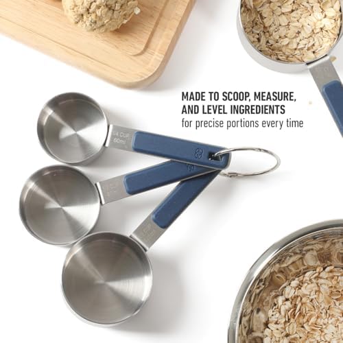 Calphalon Prime Measuring Cups, Kitchen Measurement Cup, 4-Piece Stainless Steel Kitchen Measuring Cup with Navy Silicone Handle Accurate, Durable for Dry and Liquid Ingredients