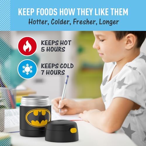 THERMOS FUNTAINER Insulated Food Jar, 10 Ounce, Kid Friendly Food Jar with Foldable Spoon, Batman (Pack of 6)