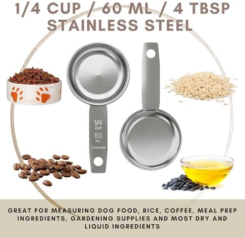 1/4 Cup Stainless Steel Measuring Cup | Sturdy Metal 60 ml | 60 cc | 2 oz | Single Cup for Wet and Dry Ingredients | Great for use as 1/4 Cup Dog Food Scoop - 4 PK