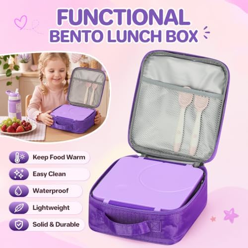 Itslife Bento Lunch Box for Kids with 8oz Soup Thermo&Lunch Bag, Leak-Proof Lunch Food Containers with 4 Compartment, Hot Food Insulated Food Jar for Kids School (Purple)