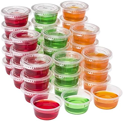 DuraHome Plastic Portion Cups with Lids 2 oz. Pack of 150 Leakproof Jello Shot Cup Mini Containers for Salad Dressing Sauce Condiment Snack Souffle and Salsa, Disposable
