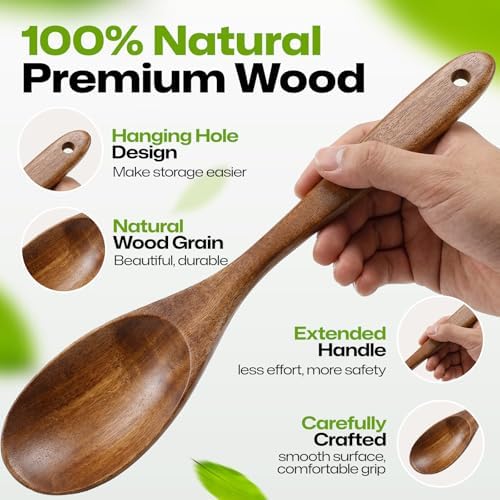 AIUHI Wooden Cooking Spoon, Kitchen Essential Wooden Spoon for Cooking, Extended Handle Teak Wood Serving Spoon for Mixing, Baking, Serving and Stirring