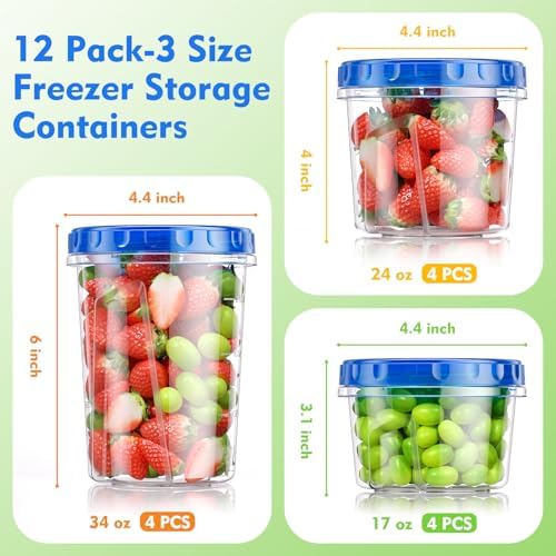 BiuLeon [12 Pack-34/24/17oz Freezer Storage Containers with 3 Different Sizes, Plastic Soup Containers with Lids, BPA-Free Food Storage Containers with Twist Top Lids, Reusable Meal Prep Containers