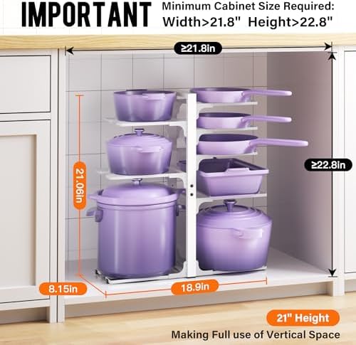 MUDEELA 8-Tier Heavy Duty Pots and Pans Organizer for Cabinet, 20.8"H White