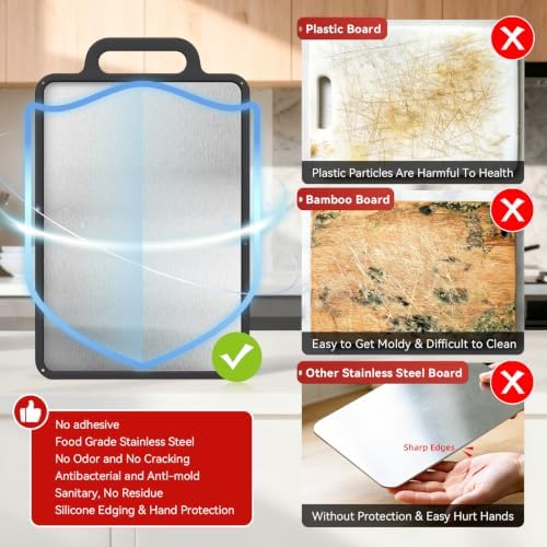 Double-Sided Solid Stainless Steel Cutting Board for Kitchen, 304 Grade & Dishwasher Safe - Non-Slip with Juice Groove, Perfect for Meat and Veggies, 15.3x9.6 Inch