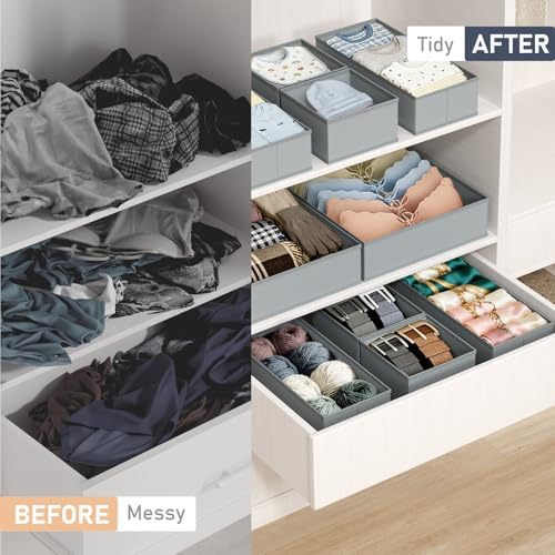 DIMJ Drawer Organizer Clothes, 12 Pack Dresser Organizer, Foldable Closet Organization and Storage Dividers, Fabric Dresser Drawer Organizers for Underwears, Nursery, Baby Clothes, Socks, Tie (Grey)