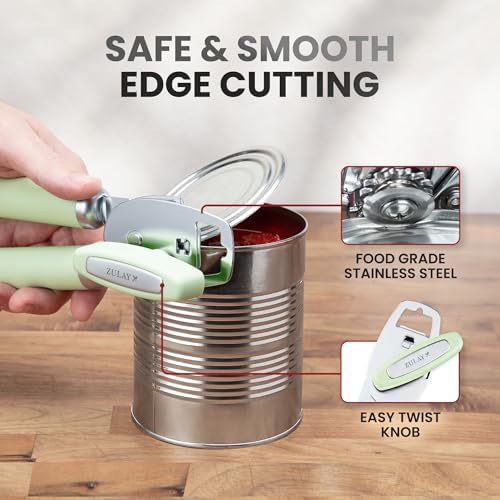 Zulay Kitchen Manual Can Opener Heavy Duty Patented Stainless Steel, Sage