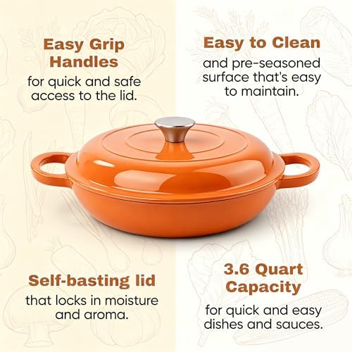 3 Quart Enameled Cast Iron Braiser, Non Stick Enameled Cast Iron Skillet with Lid, Dutch Oven Skillet with lid up to 500°F for Oven, Stove, Grill, Shallow Dutch Oven for Cook, Bake (Orange)