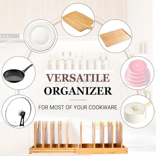 Bamboo Expandable Pot Lid Organizer, Pots and Pans Holder Rack for Cabinet