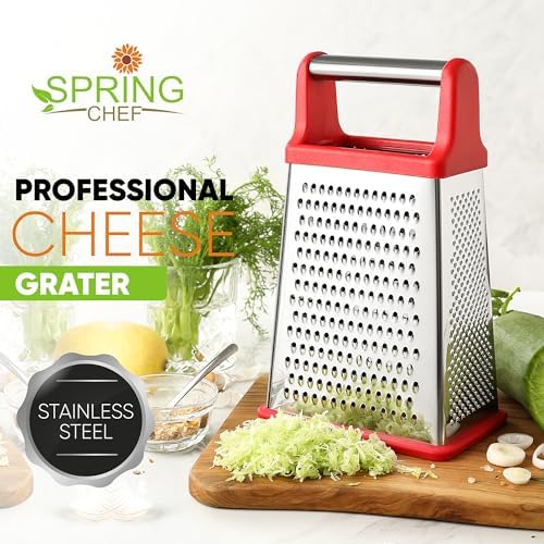Spring Chef Stainless Steel XL Cheese Grater for Kitchen, Red