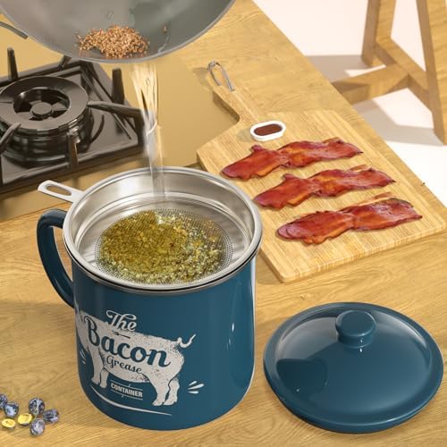 PGYARD Bacon Grease Container with Strainer-46OZ Enamel Keeper with Spatula