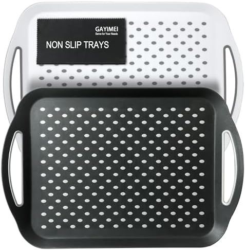 Large Anti-Slip Serving Tray with Handles, Dual Rubber Grippy Lap Food Trays for Eating, Dinning, Breakfast, on Couch/TV, Black & White - Set of 2