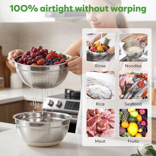 Fire More Mixing Bowls with Airtight Lids Set, Stainless Steel Salad Bowls with Non-Slip Silicone Bottoms, 8PCS Nesting Kitchen Bowls with Colander,Grater Attachments, for Mixing Cooking Prep