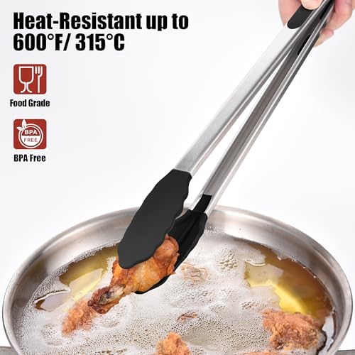 Doosu Kitchen Tongs with Silicone Tips for Cooking Serving (16in, Black)