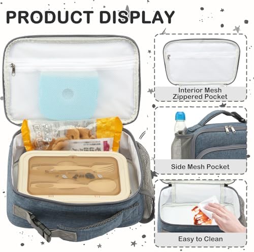 FlowFly Kids Lunch box Insulated Soft Bag Mini Cooler Back to School Thermal Meal Tote Kit for Girls, Boys,Navy
