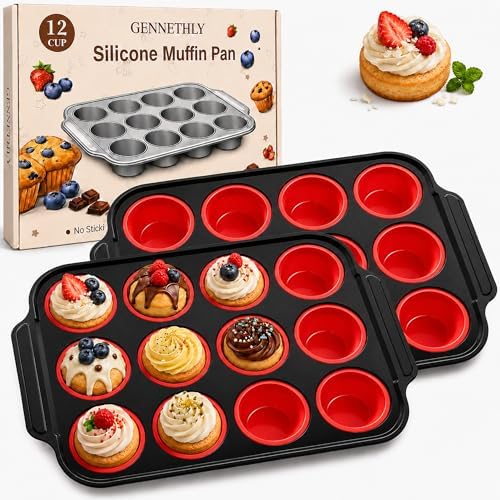 2 Pack Silicone Muffin Pans for Baking, 12-Cup Muffin Tin with Metal Frame