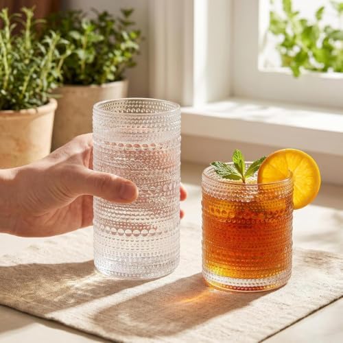 HomeVogue Hobnail Drinking Glasses Set of 12, 12oz & 15oz Vintage Glassware Set Cocktail Glass Set, Embossed Clear Water Tumbler,for Beer, Whiskey,Juice and Various Mixed Drinks (12 Pack-Clear)