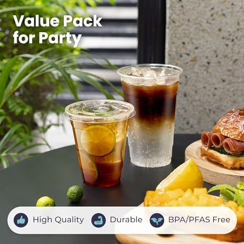 Fit Meal Prep 100 Pack 16 oz Clear Plastic Cups with Flat Lids, Disposable Iced Coffee Cups, BPA Free Premium Crystal Smoothie Cup for Party, Lemonade Stand, Cold Drinks, Juice, Milkshake