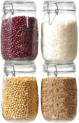 4 Pack 34oz Food Storage Jars with Airtight Lids, Preserving Seal Wire Clip Fastening Glass Containers, Canisters for Kitchen Organization, Flour, Cereal, Pasta, Sugar, Beans, Pickling Jars(34 Oz*4)